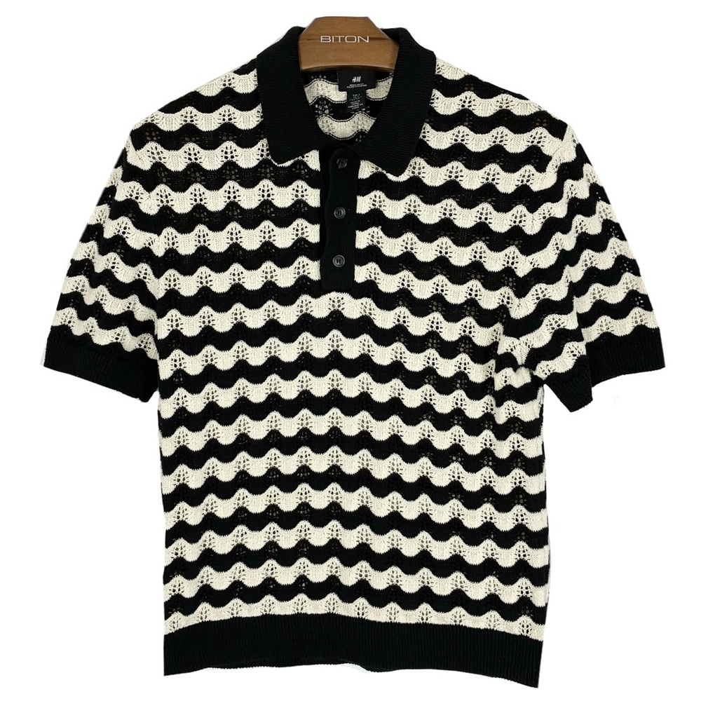 Nwot H&M Regular Fit Pointelle-Knit Polo Shirt Small Crochet Preppy Classic